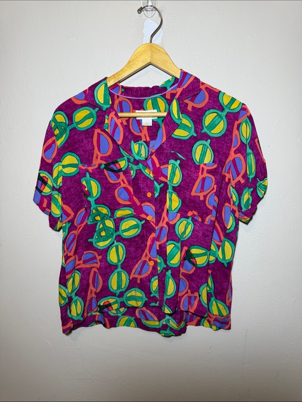 Purple Printed Short Sleeve Button Front Top